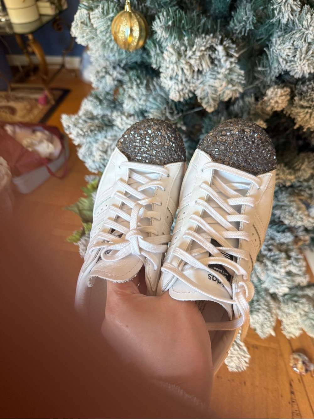 Adidas Superstar White Sneakers with Silver Glitter Toe Caps